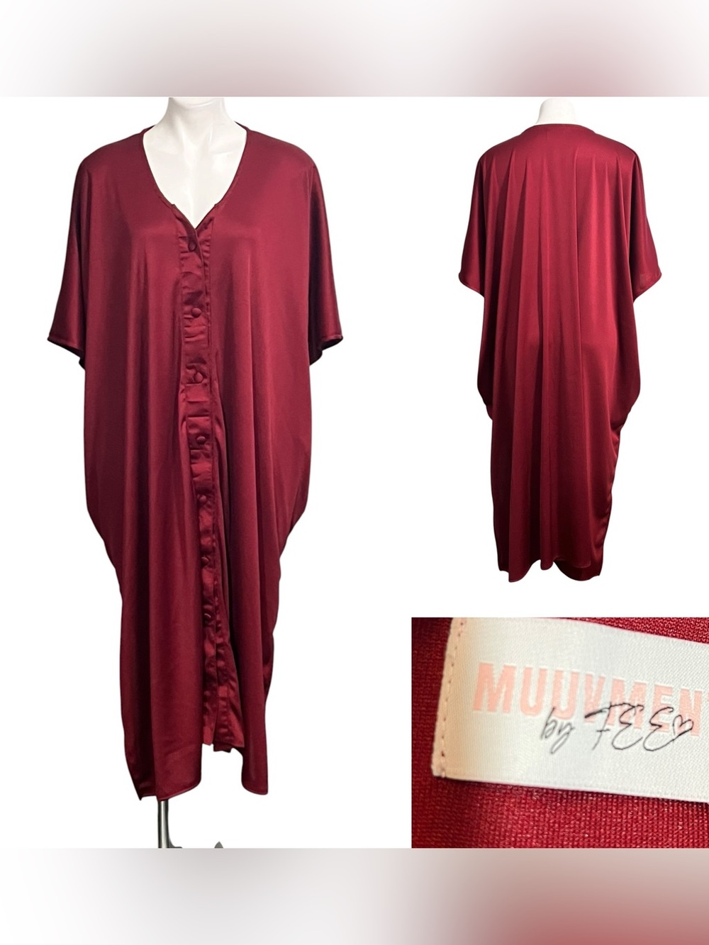 MUUVMENT by Tee Burgundy Satin‎ Button-Front Caftan loungewear maxi house dress